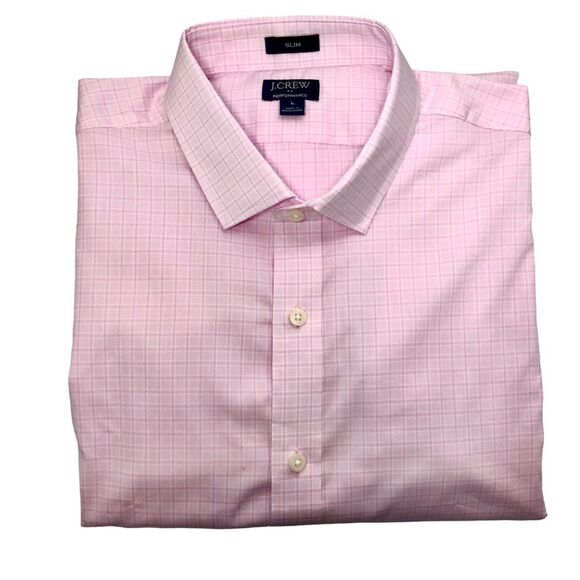 J Crew Factory Men’s Slim Fit Performance Dress Shirt Pink Plaid Size Large NWT - Picture 1 of 10